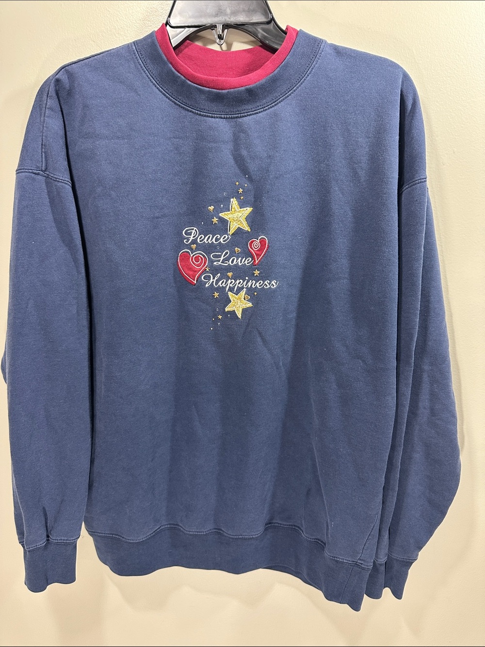 M&C Sportswear Navy Sweatshirt Red Trim & Embroidered Peace Love Happiness Large